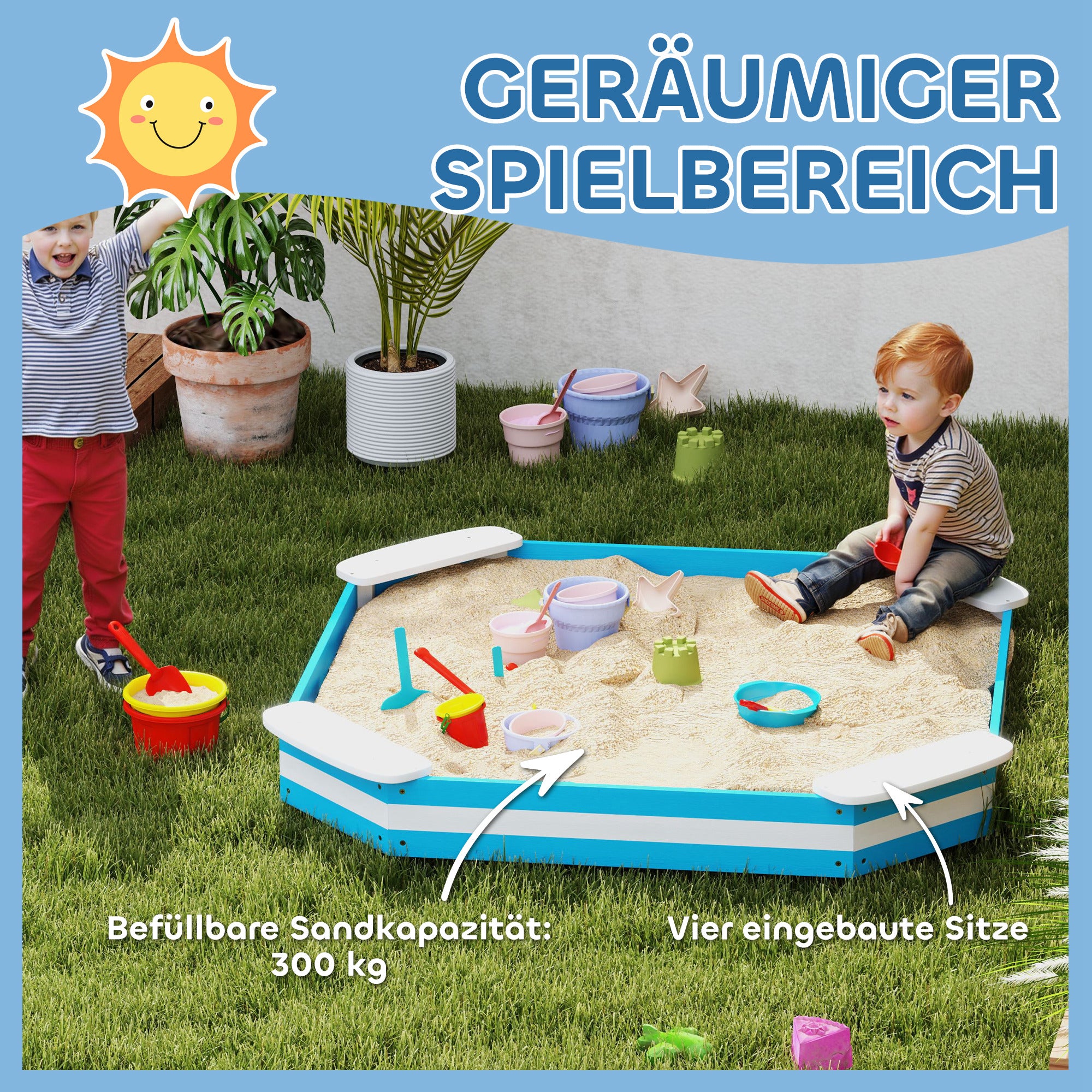 Sandbox 133 x 108 cm Wooden Sandpit with Bench, Groundsheet for 4 Kids 3-7 Years Blue