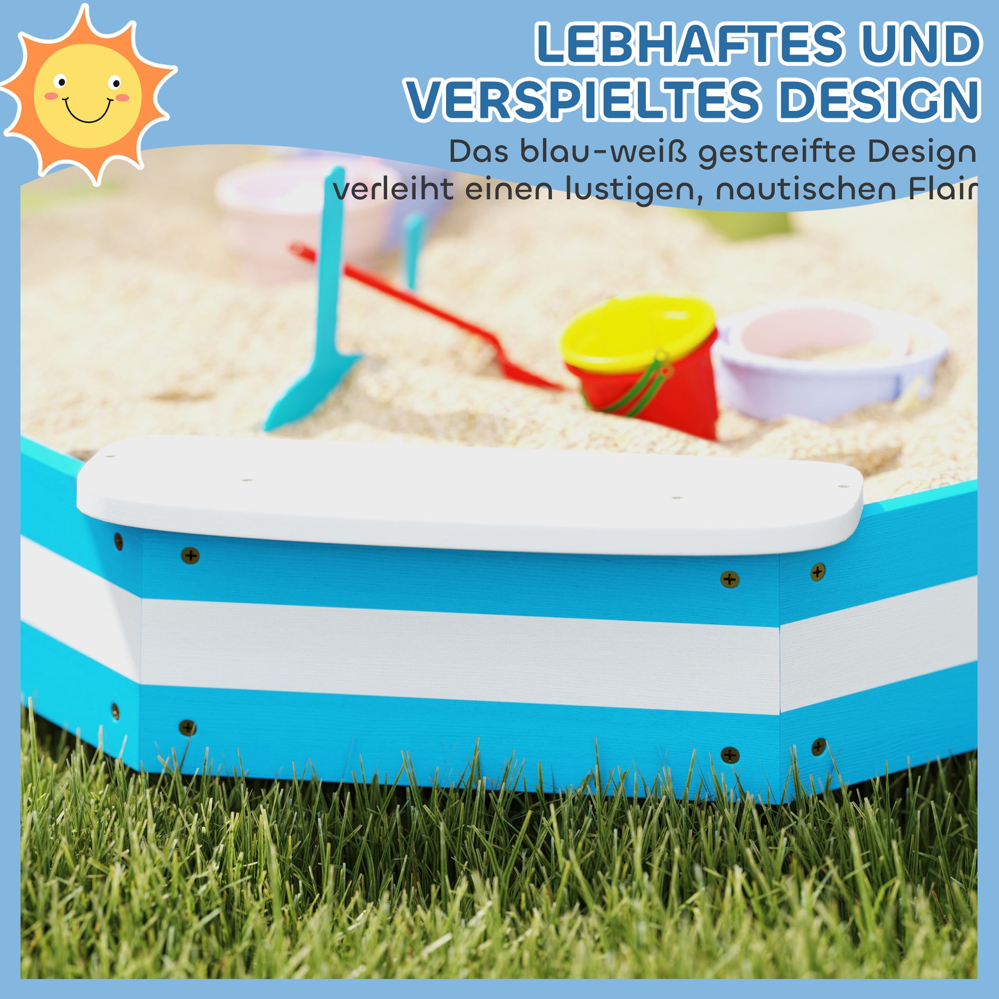 Sandbox 133 x 108 cm Wooden Sandpit with Bench, Groundsheet for 4 Kids 3-7 Years Blue