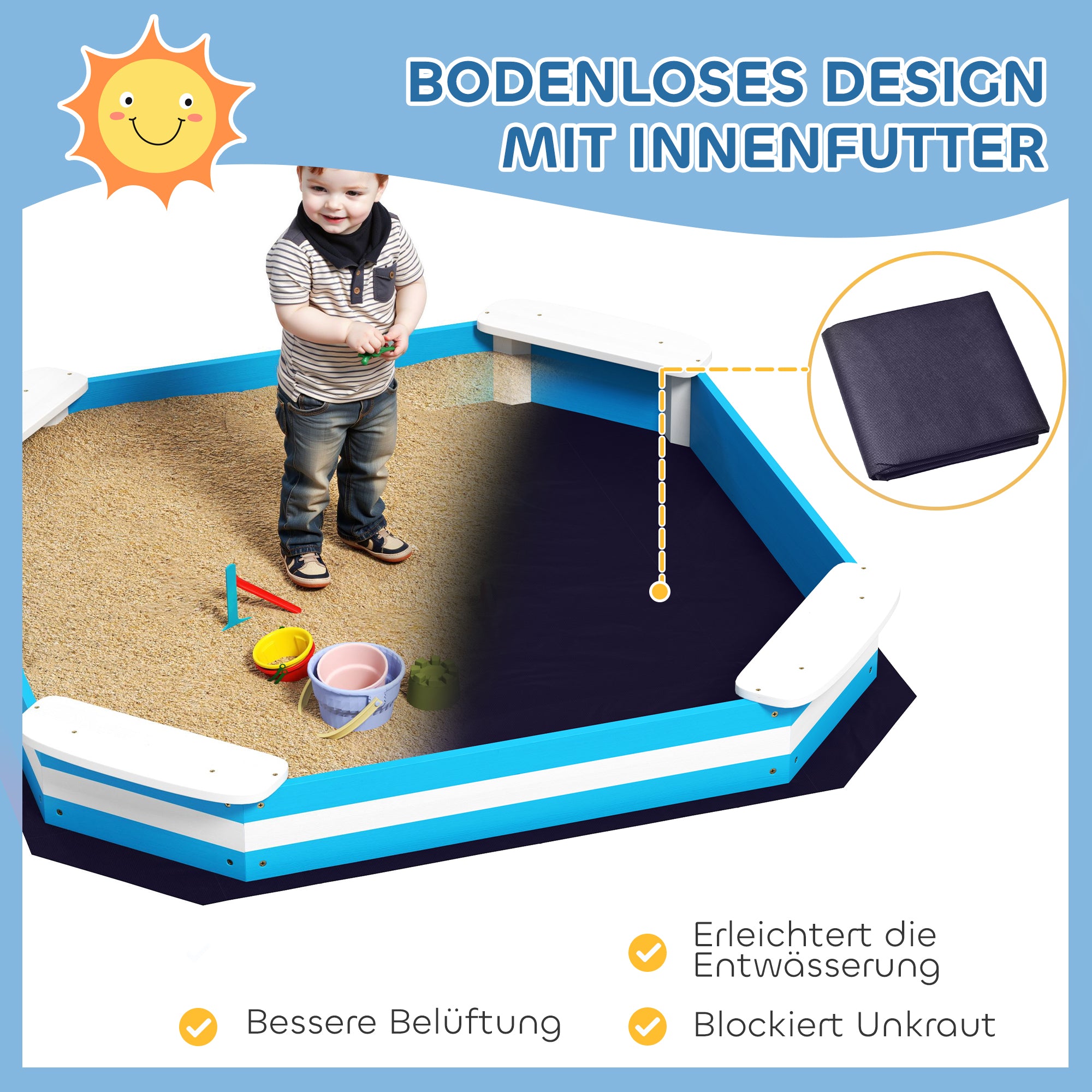 Sandbox 133 x 108 cm Wooden Sandpit with Bench, Groundsheet for 4 Kids 3-7 Years Blue
