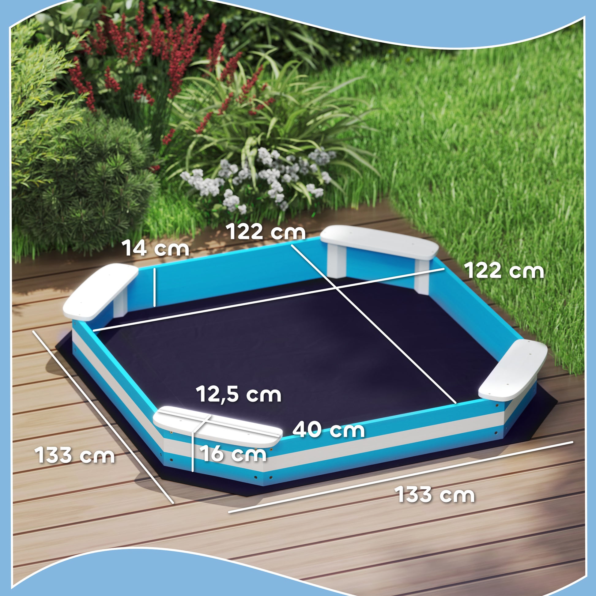 Sandbox 133 x 108 cm Wooden Sandpit with Bench, Groundsheet for 4 Kids 3-7 Years Blue