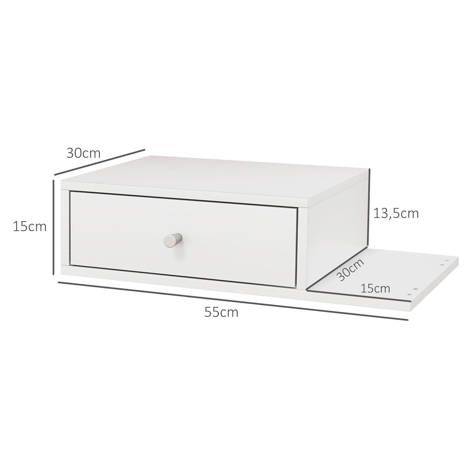 Set of 2 Wall-Mounted Bedside Tables - Set of 2 Nightstands - Side Shelf and Drawer - 55L x 30W x 15H cm - White Wood