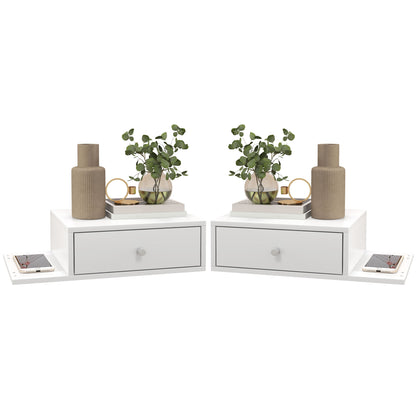 Set of 2 Wall-Mounted Bedside Tables - Set of 2 Nightstands - Side Shelf and Drawer - 55L x 30W x 15H cm - White Wood
