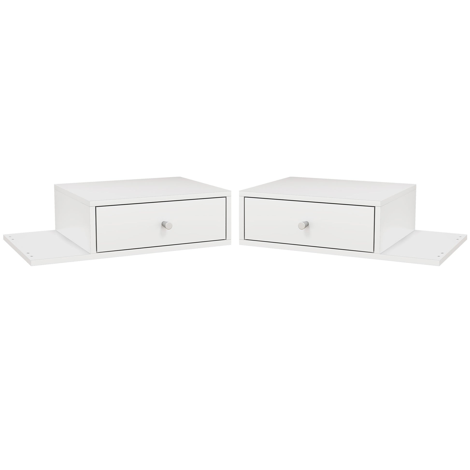 Set of 2 Wall-Mounted Bedside Tables - Set of 2 Nightstands - Side Shelf and Drawer - 55L x 30W x 15H cm - White Wood