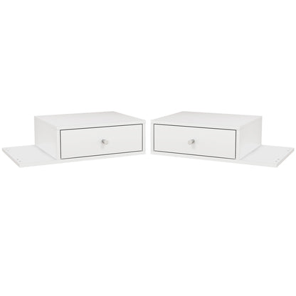 Set of 2 Wall-Mounted Bedside Tables - Set of 2 Nightstands - Side Shelf and Drawer - 55L x 30W x 15H cm - White Wood