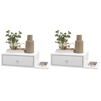 Set of 2 Wall-Mounted Bedside Tables - Set of 2 Nightstands - Side Shelf and Drawer - 55L x 30W x 15H cm - White Wood