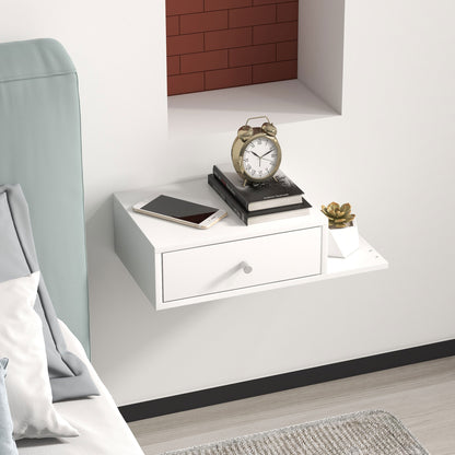 Set of 2 Wall-Mounted Bedside Tables - Set of 2 Nightstands - Side Shelf and Drawer - 55L x 30W x 15H cm - White Wood