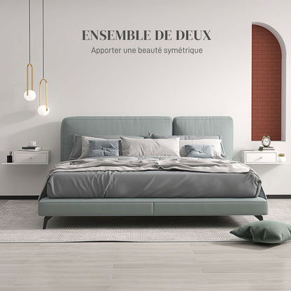 Set of 2 Wall-Mounted Bedside Tables - Set of 2 Nightstands - Side Shelf and Drawer - 55L x 30W x 15H cm - White Wood