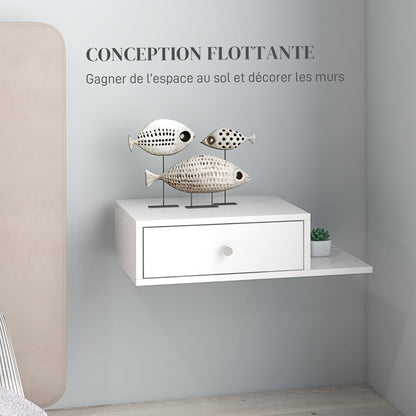 Set of 2 Wall-Mounted Bedside Tables - Set of 2 Nightstands - Side Shelf and Drawer - 55L x 30W x 15H cm - White Wood