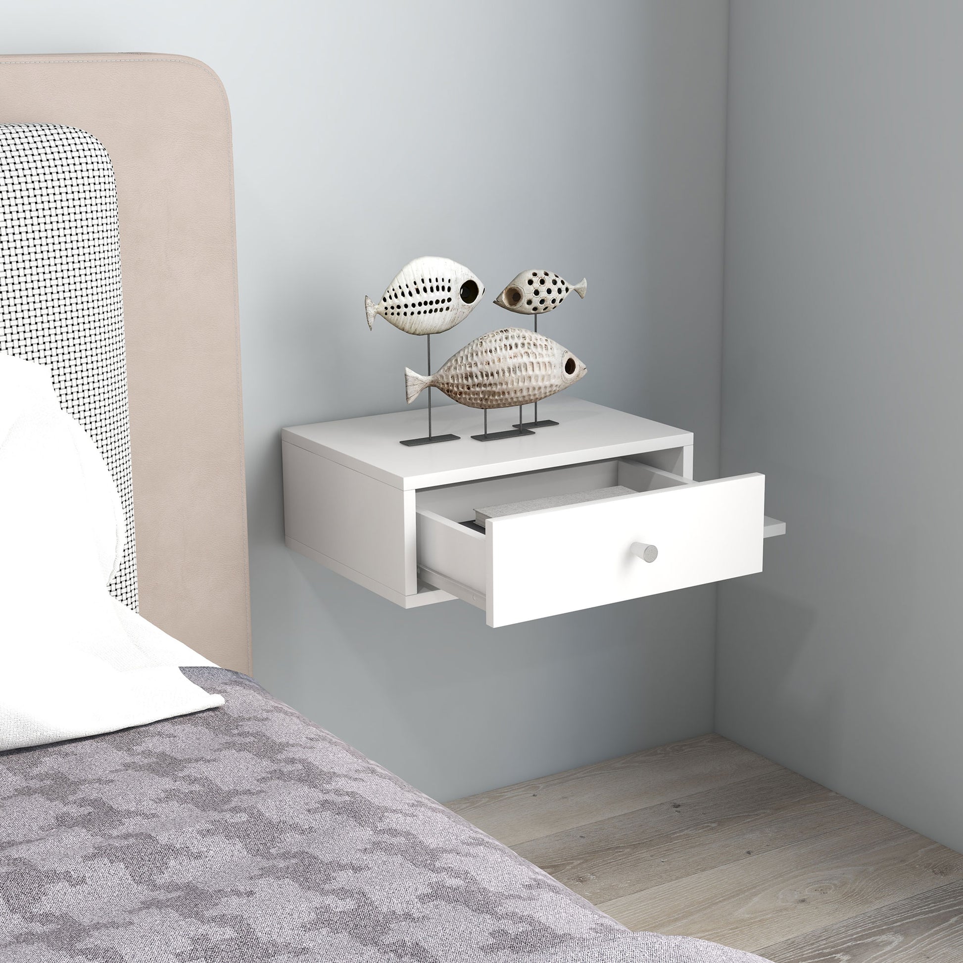 Set of 2 Wall-Mounted Bedside Tables - Set of 2 Nightstands - Side Shelf and Drawer - 55L x 30W x 15H cm - White Wood