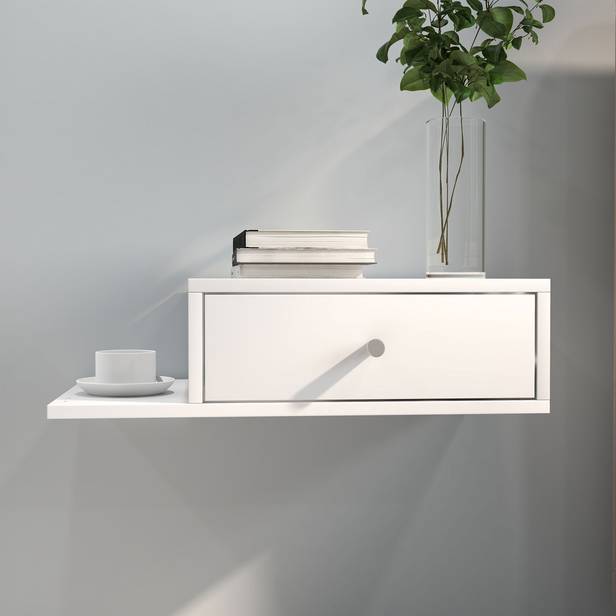 Set of 2 Wall-Mounted Bedside Tables - Set of 2 Nightstands - Side Shelf and Drawer - 55L x 30W x 15H cm - White Wood