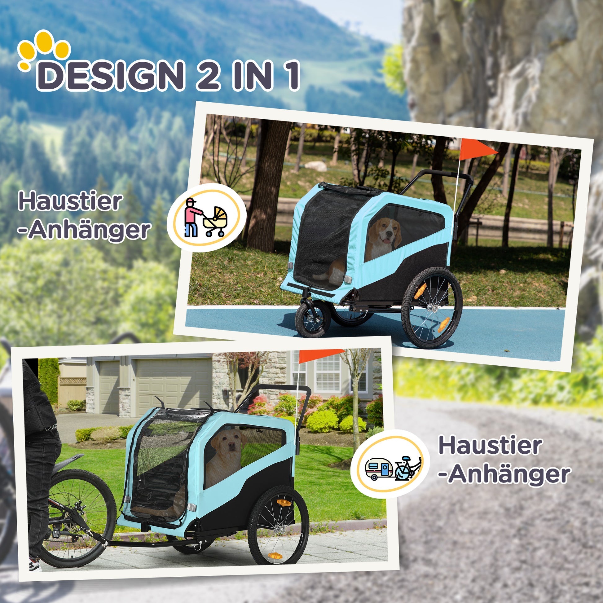 2-in-1 Dog Trailer, Bike Trailer for Dogs, Dog Cart with Reflectors, Dog Buggy max. 30 kg, Dog Bike Trailer for Large Dogs, Oxford Fabric, Blue