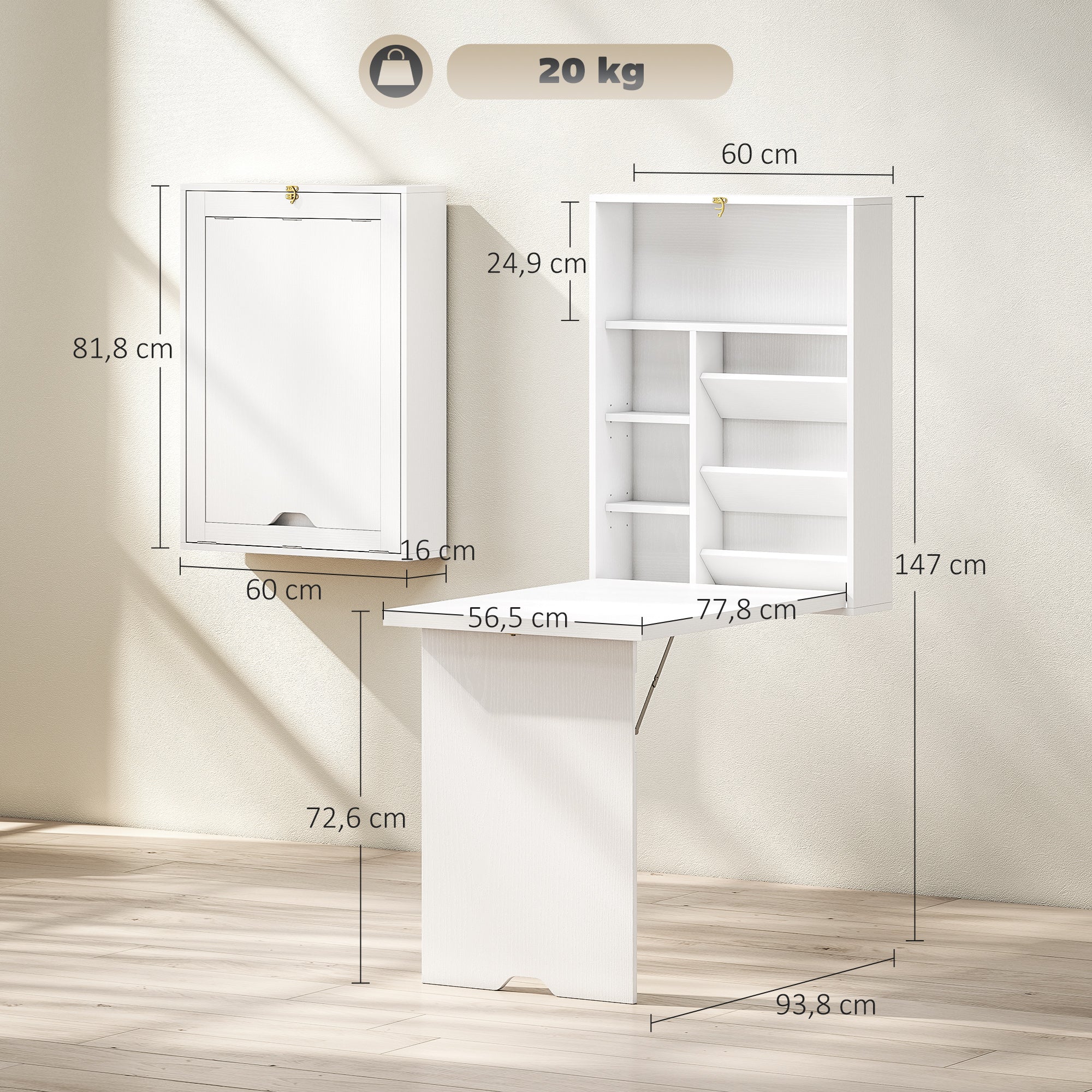 Wall-Mounted Folding Desk with Storage Shelves, Foldable Table, Space-Saving Solution for Living Room, Dining Room, Small Space, White