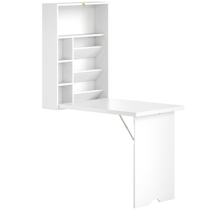 Wall-Mounted Folding Desk with Storage Shelves, Foldable Table, Space-Saving Solution for Living Room, Dining Room, Small Space, White