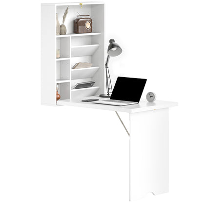 Wall-Mounted Folding Desk with Storage Shelves, Foldable Table, Space-Saving Solution for Living Room, Dining Room, Small Space, White
