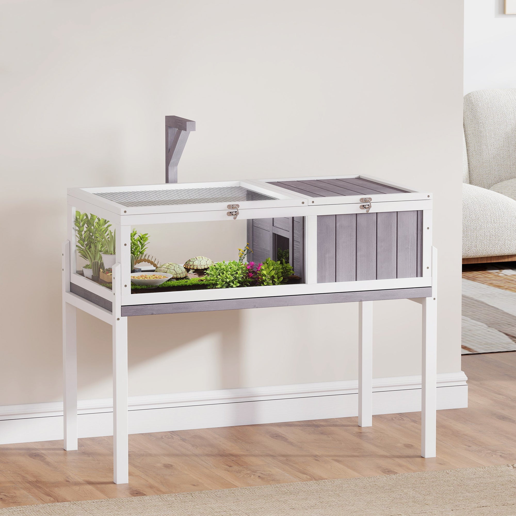 Elevated Wooden Turtle Hutch — Indoor/Outdoor 2-Zone Enclosure with Lamp Holder, Hinged Roof, Sliding Tray & Feeding Bowl — 104 x 53 x 82 cm (41 x 21 x 32 in) — Gray