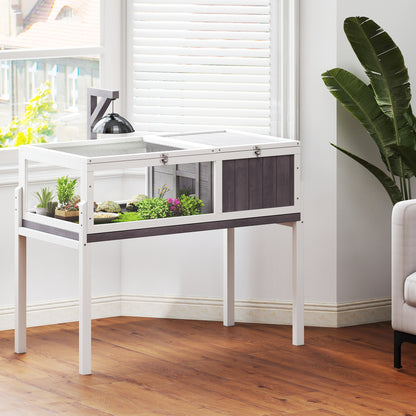 Elevated Wooden Turtle Hutch — Indoor/Outdoor 2-Zone Enclosure with Lamp Holder, Hinged Roof, Sliding Tray & Feeding Bowl — 104 x 53 x 82 cm (41 x 21 x 32 in) — Gray