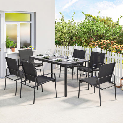 7-Piece Outdoor Dining Set – Wood-Effect Table & 6 Breathable Mesh Chairs, Galvanized Steel Frame, Black