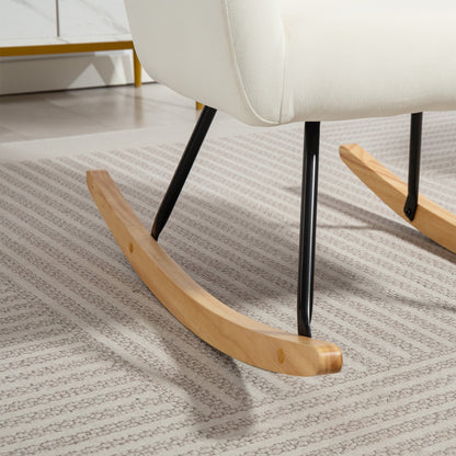 Rocking Chair Rocking Armchair with Armrest, Wooden Rockers, Recliner Chair, Chair with Velvet Look Rocking Chair for Bedroom, Living Room, Balcony Cream White