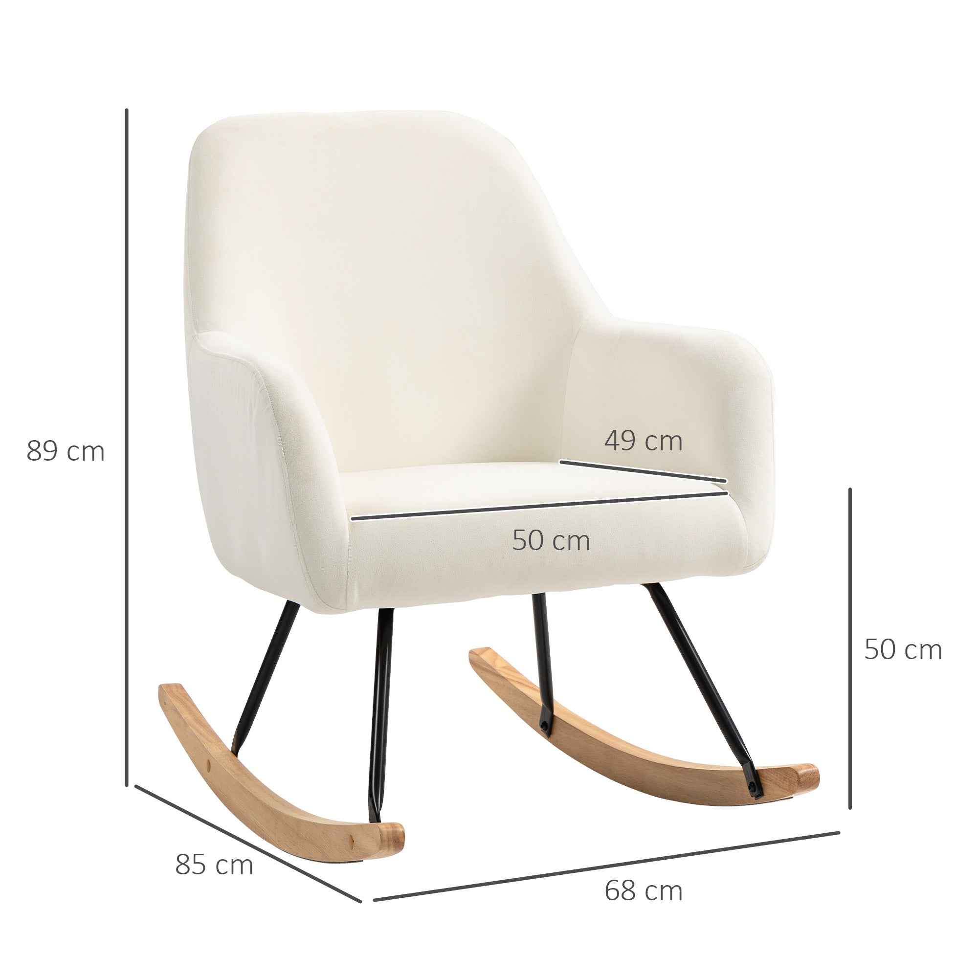 Rocking Chair Rocking Armchair with Armrest, Wooden Rockers, Recliner Chair, Chair with Velvet Look Rocking Chair for Bedroom, Living Room, Balcony Cream White