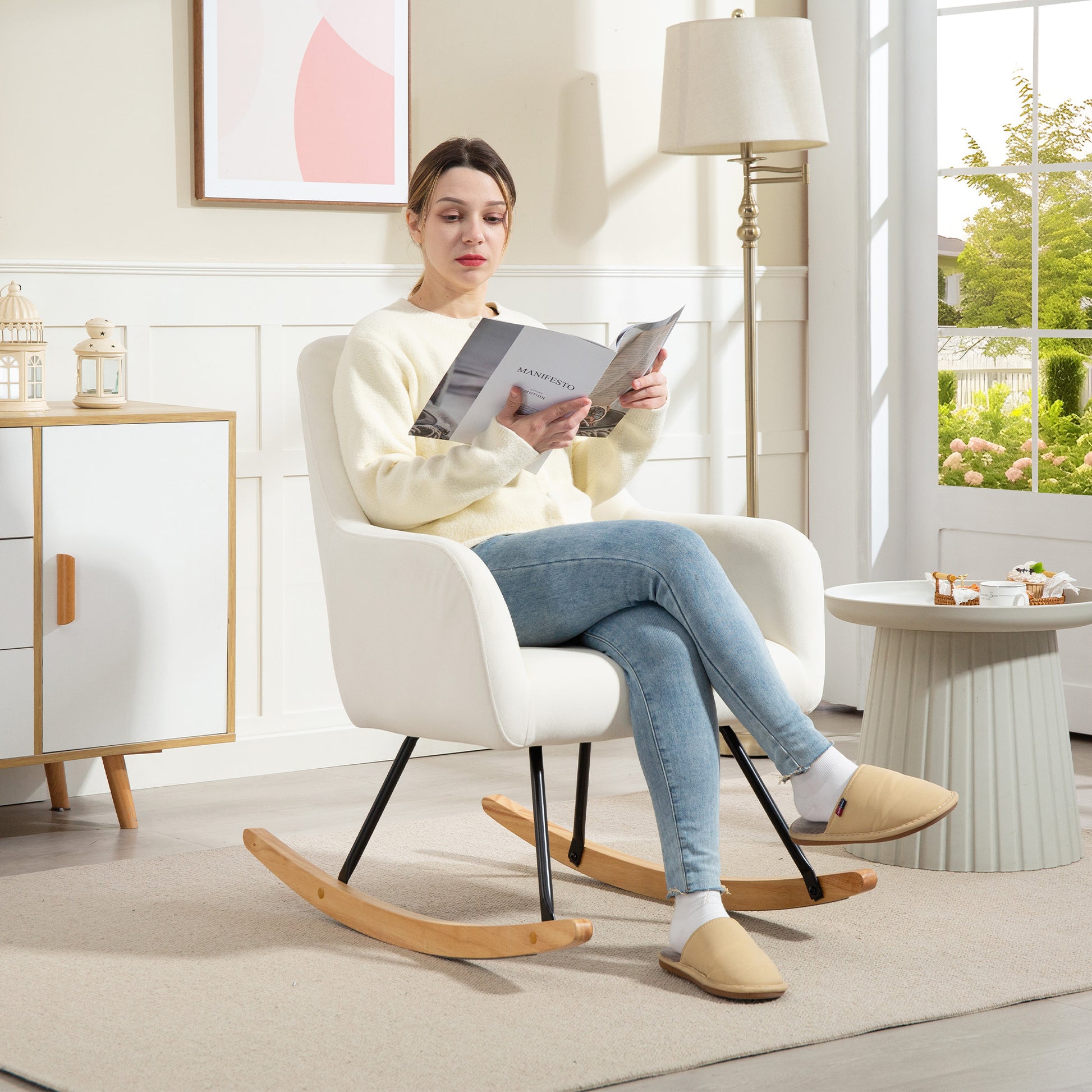 Rocking Chair Rocking Armchair with Armrest, Wooden Rockers, Recliner Chair, Chair with Velvet Look Rocking Chair for Bedroom, Living Room, Balcony Cream White