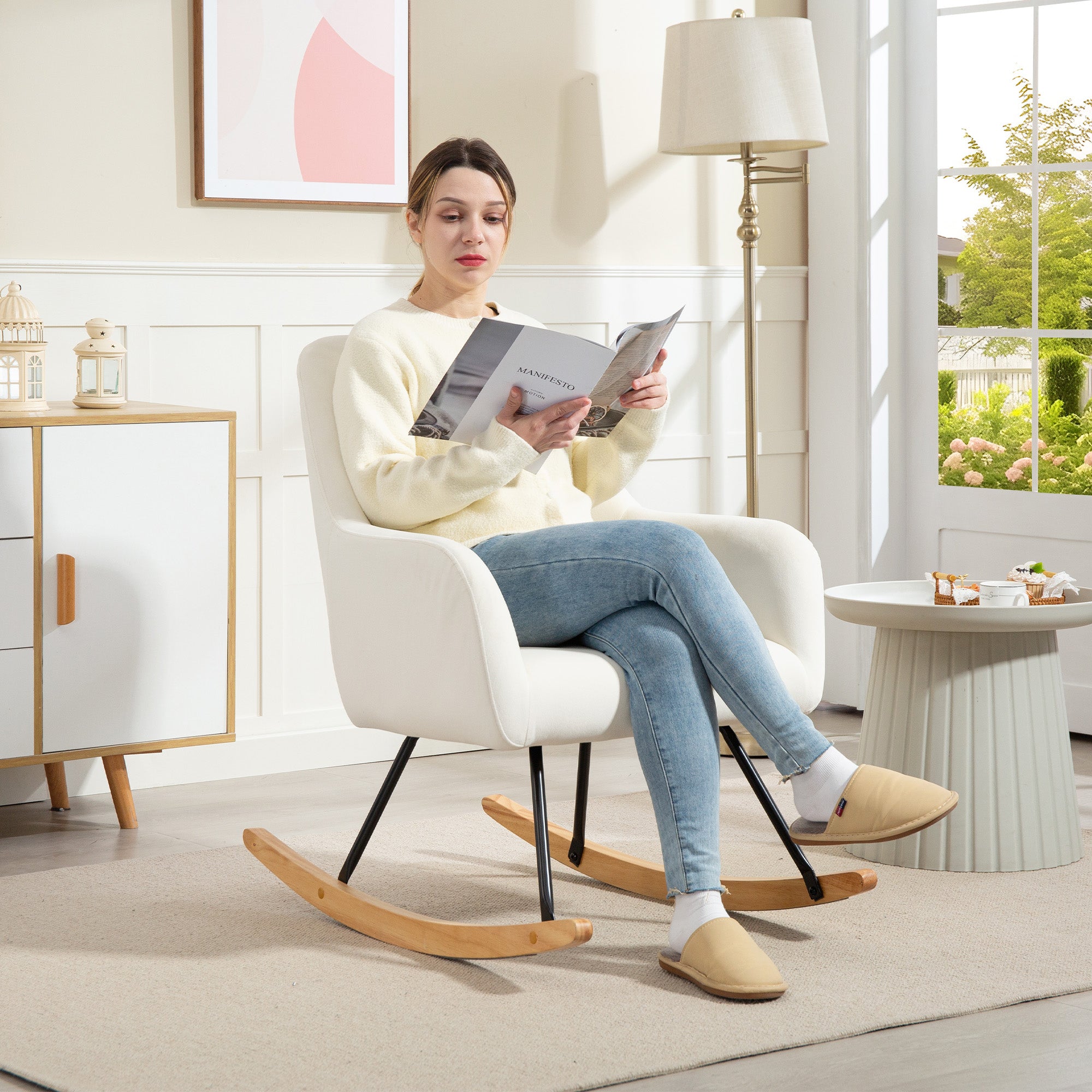 Rocking Chair Rocking Armchair with Armrest, Wooden Rockers, Recliner Chair, Chair with Velvet Look Rocking Chair for Bedroom, Living Room, Balcony Cream White
