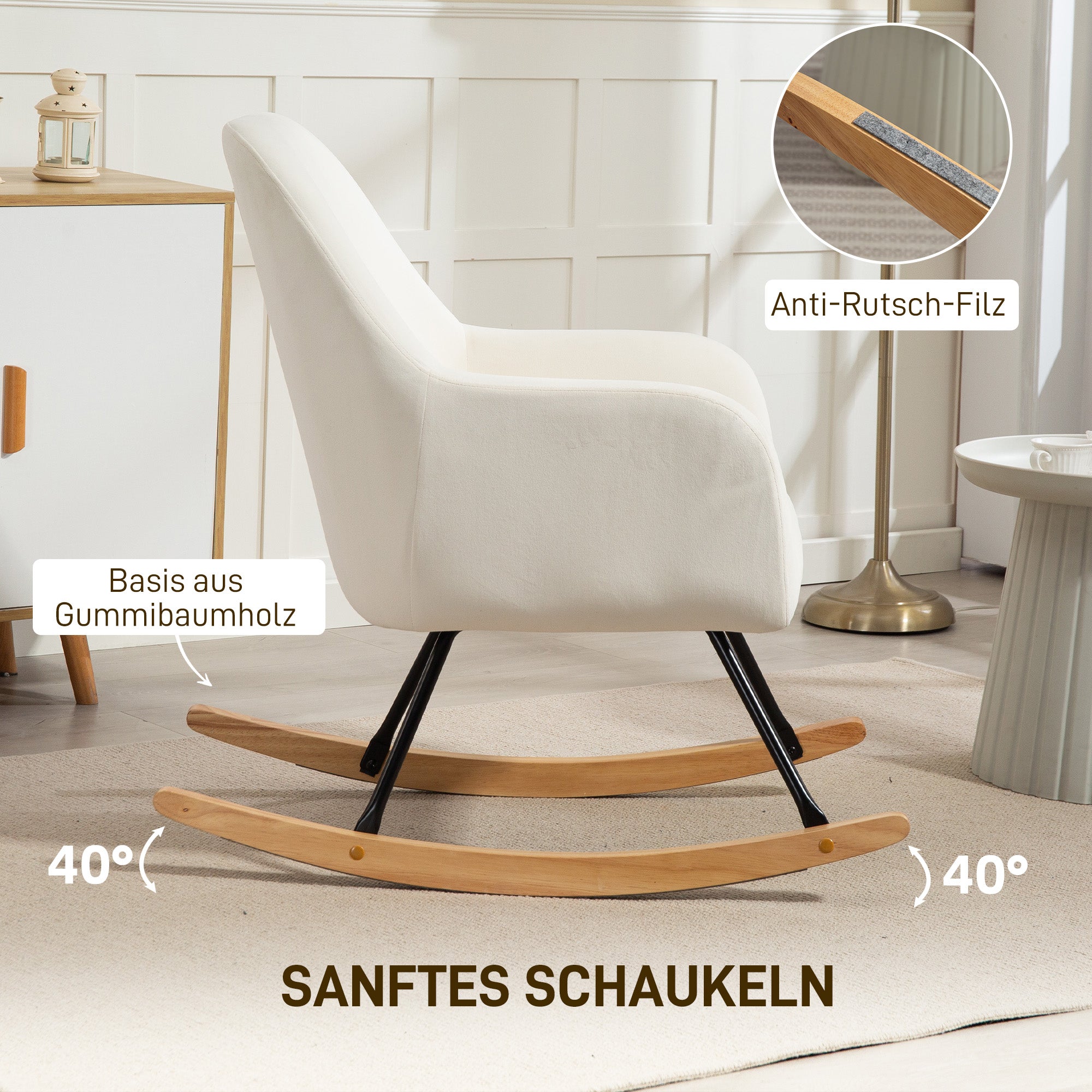 Rocking Chair Rocking Armchair with Armrest, Wooden Rockers, Recliner Chair, Chair with Velvet Look Rocking Chair for Bedroom, Living Room, Balcony Cream White