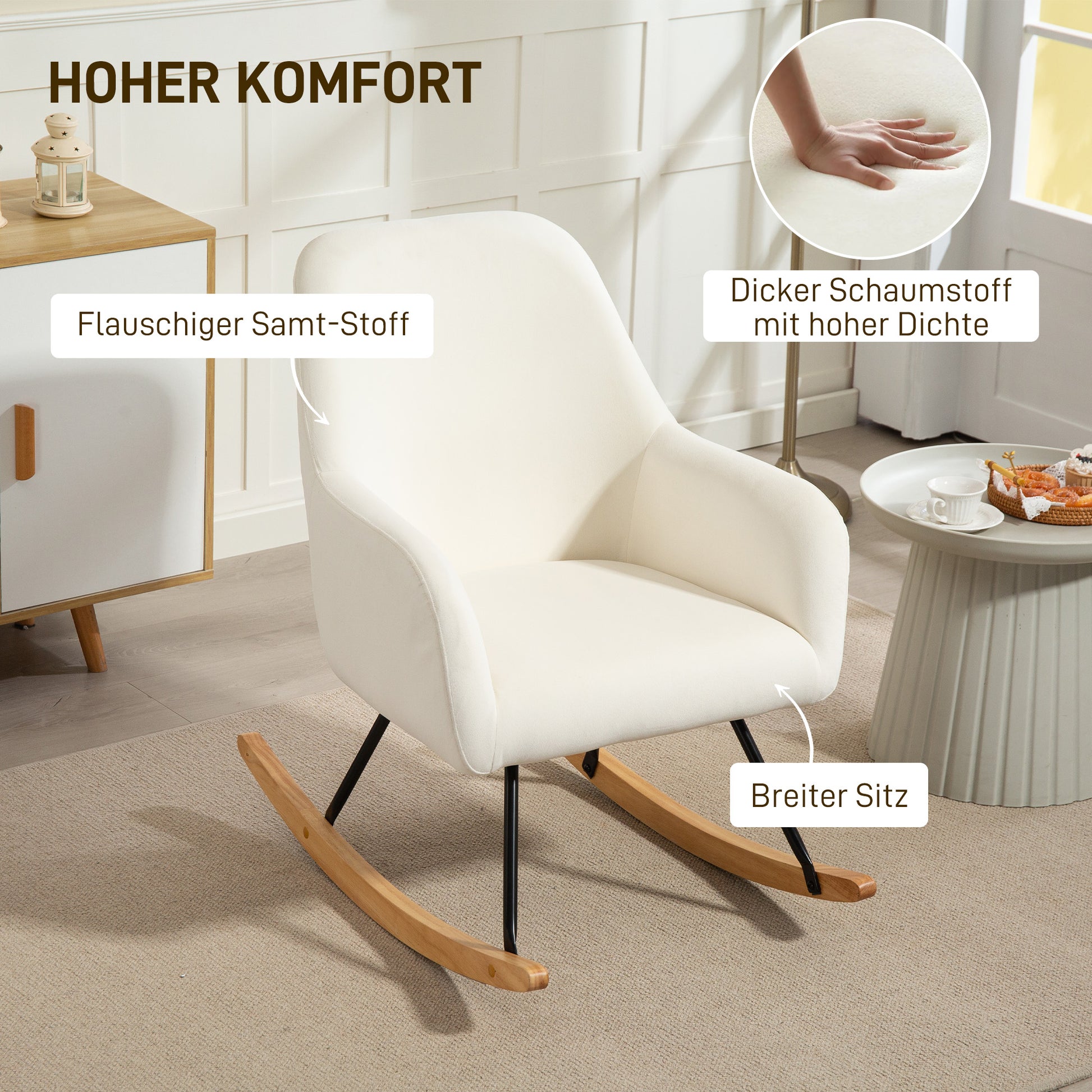 Rocking Chair Rocking Armchair with Armrest, Wooden Rockers, Recliner Chair, Chair with Velvet Look Rocking Chair for Bedroom, Living Room, Balcony Cream White