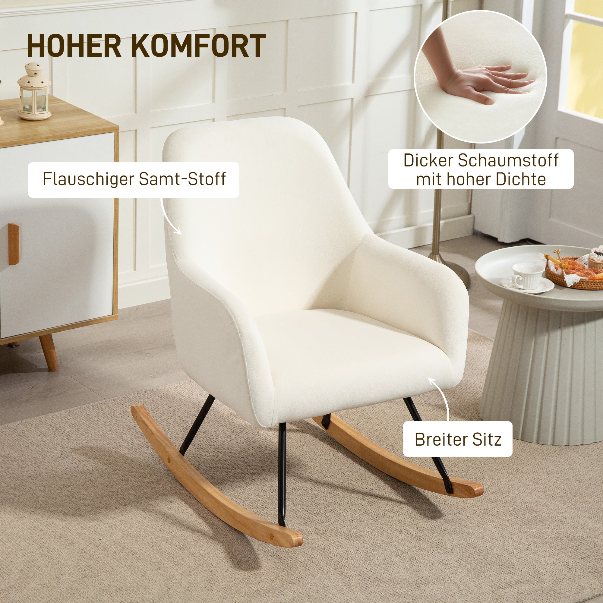 Rocking Chair Rocking Armchair with Armrest, Wooden Rockers, Recliner Chair, Chair with Velvet Look Rocking Chair for Bedroom, Living Room, Balcony Cream White