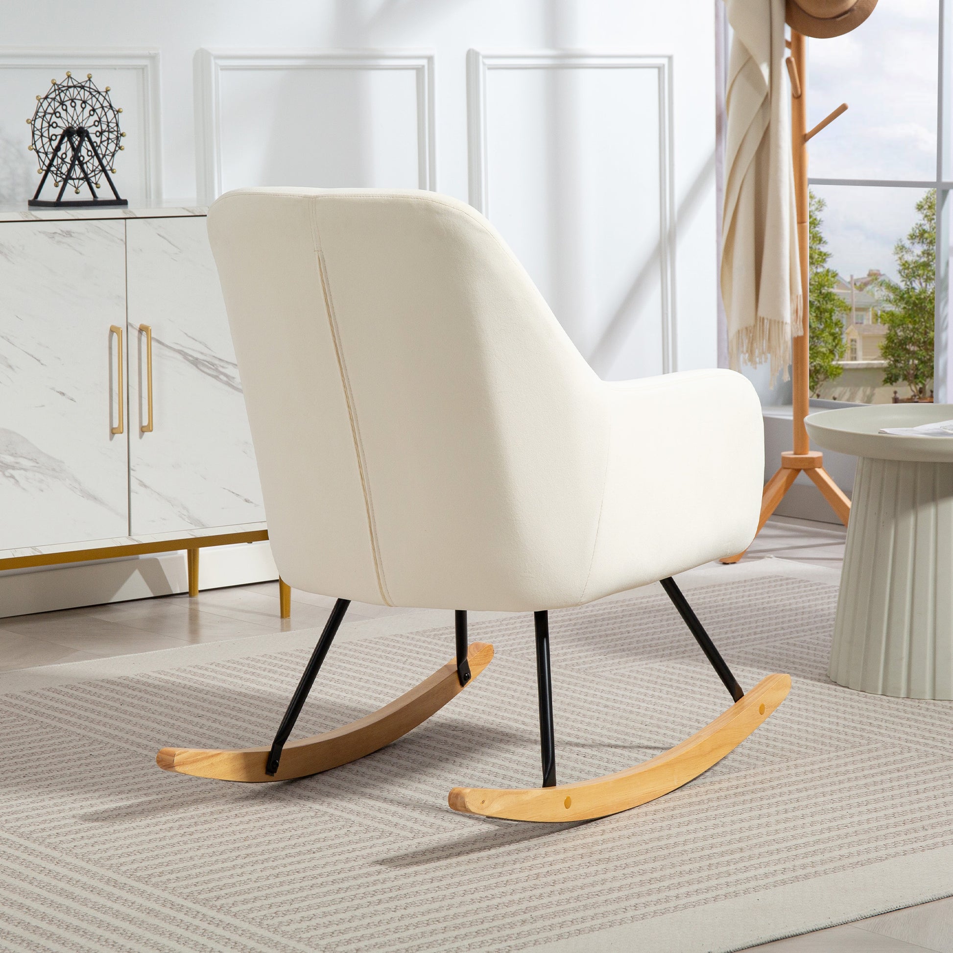 Rocking Chair Rocking Armchair with Armrest, Wooden Rockers, Recliner Chair, Chair with Velvet Look Rocking Chair for Bedroom, Living Room, Balcony Cream White