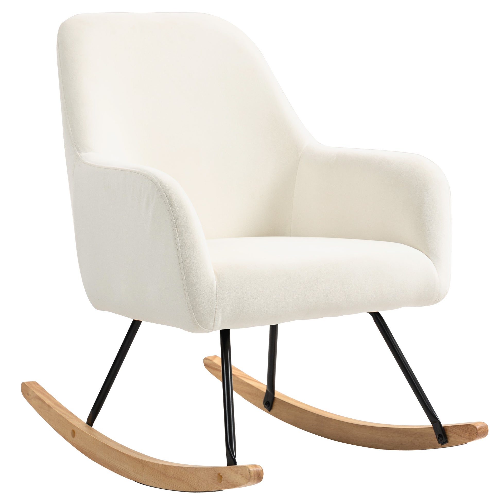 Rocking Chair Rocking Armchair with Armrest, Wooden Rockers, Recliner Chair, Chair with Velvet Look Rocking Chair for Bedroom, Living Room, Balcony Cream White