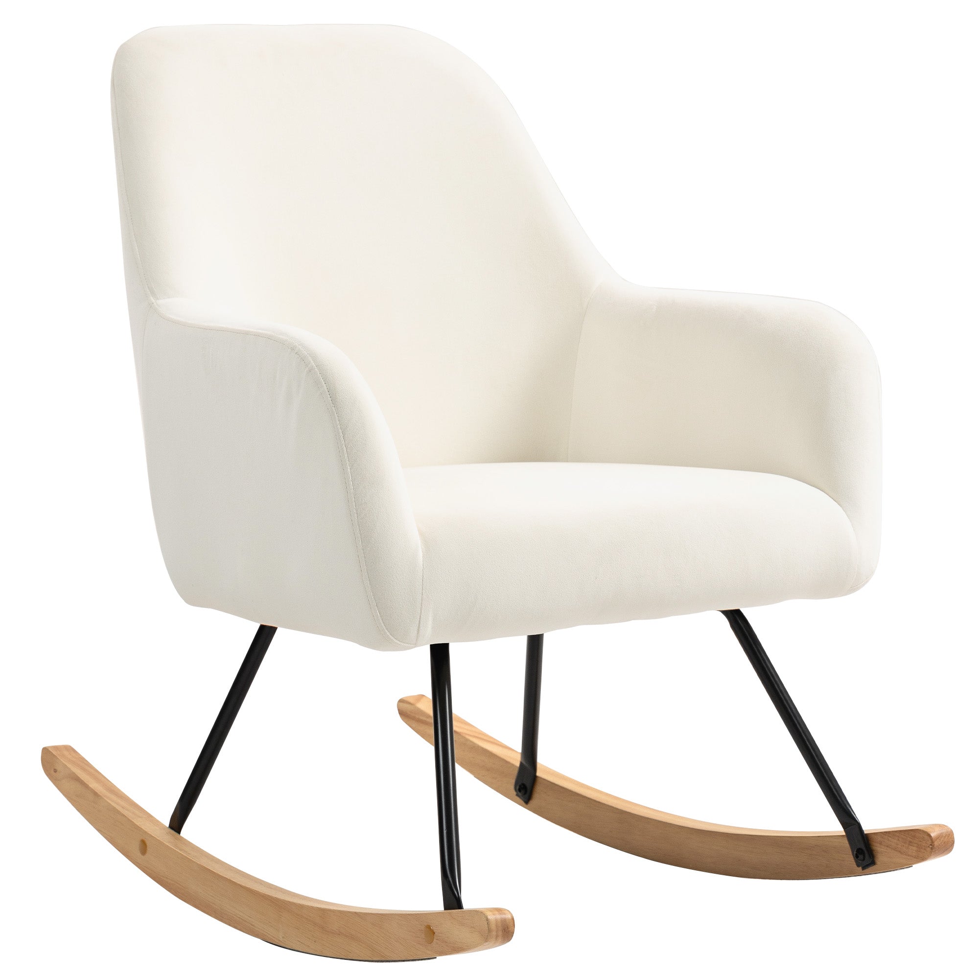 Rocking Chair Rocking Armchair with Armrest, Wooden Rockers, Recliner Chair, Chair with Velvet Look Rocking Chair for Bedroom, Living Room, Balcony Cream White