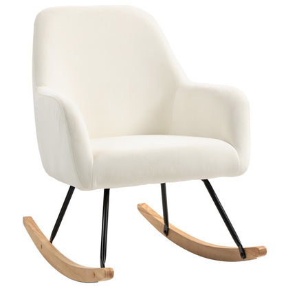 Rocking Chair Rocking Armchair with Armrest, Wooden Rockers, Recliner Chair, Chair with Velvet Look Rocking Chair for Bedroom, Living Room, Balcony Cream White