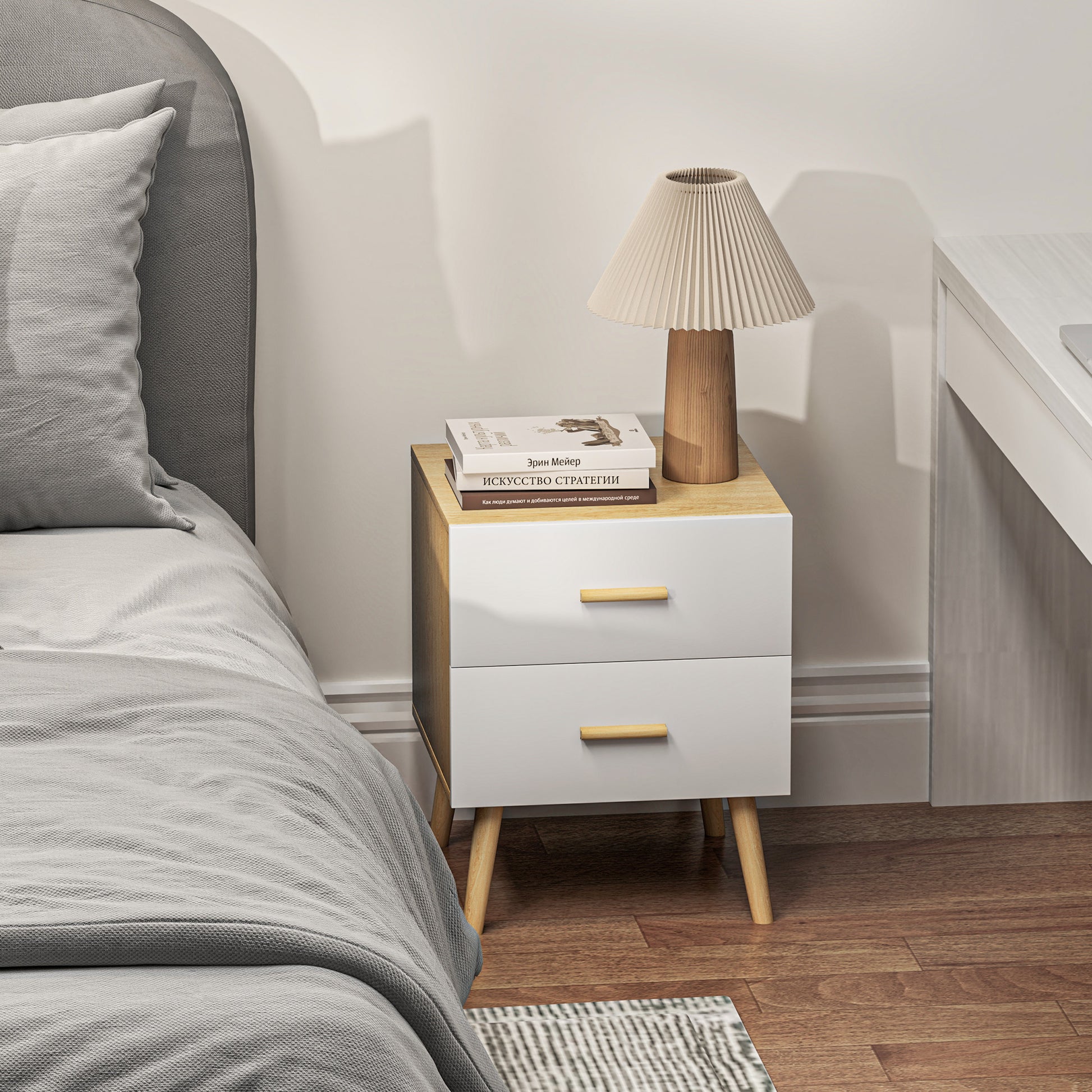 Set of 2 Bedside Tables Nightstands for Bedroom with Drawers and Bamboo Handles Side Tables for Living Room Oak