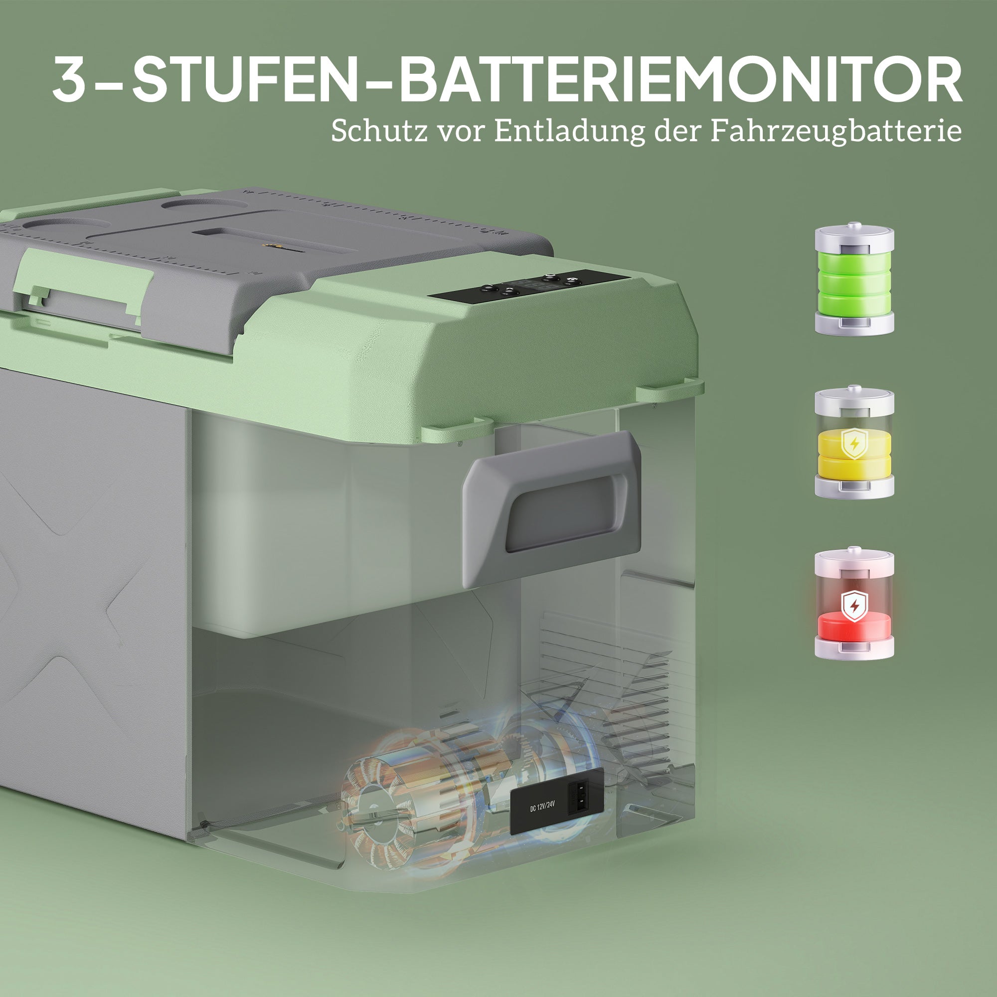 24.2 Liter Compressor Cooler electric Cooler with LED ECO Mode Cooling Function Silent Freezer Box Thermal Box Mini Fridge 12/220 Volt for Car Socket Truck Camping Boat Gray+Green