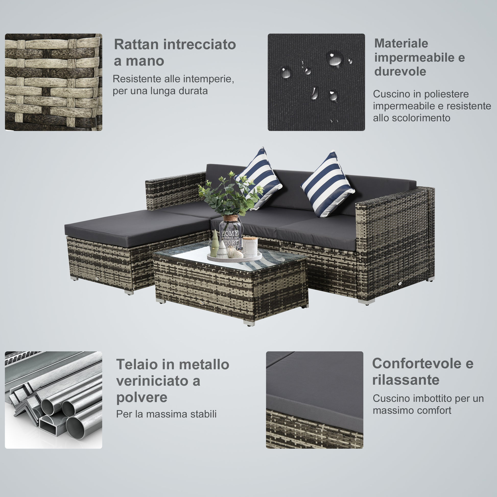 5-Piece Outdoor Garden Furniture Set with Sofa, Pouf, and PE Rattan Coffee Table, Gray