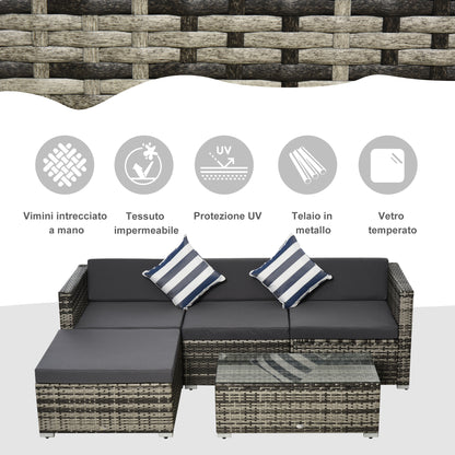 5-Piece Outdoor Garden Furniture Set with Sofa, Pouf, and PE Rattan Coffee Table, Gray