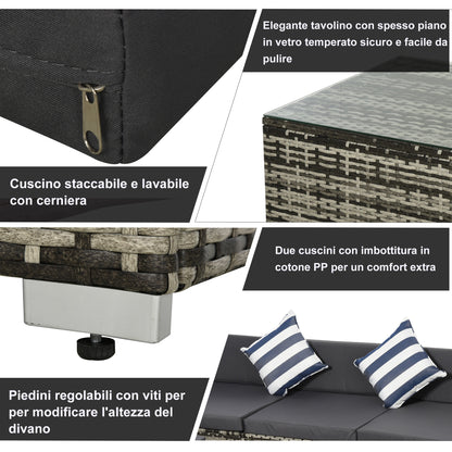 5-Piece Outdoor Garden Furniture Set with Sofa, Pouf, and PE Rattan Coffee Table, Gray