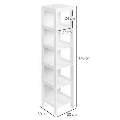 5-Tier Bathroom Floor Shelf Storage Stand for Kitchen Living Room Bedroom Modern Style Anti-Tip 30 kg Capacity 30x30x140 cm White