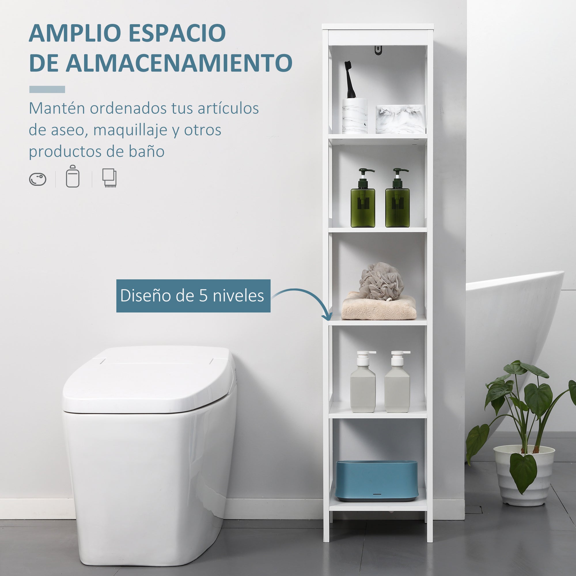 5-Tier Bathroom Floor Shelf Storage Stand for Kitchen Living Room Bedroom Modern Style Anti-Tip 30 kg Capacity 30x30x140 cm White