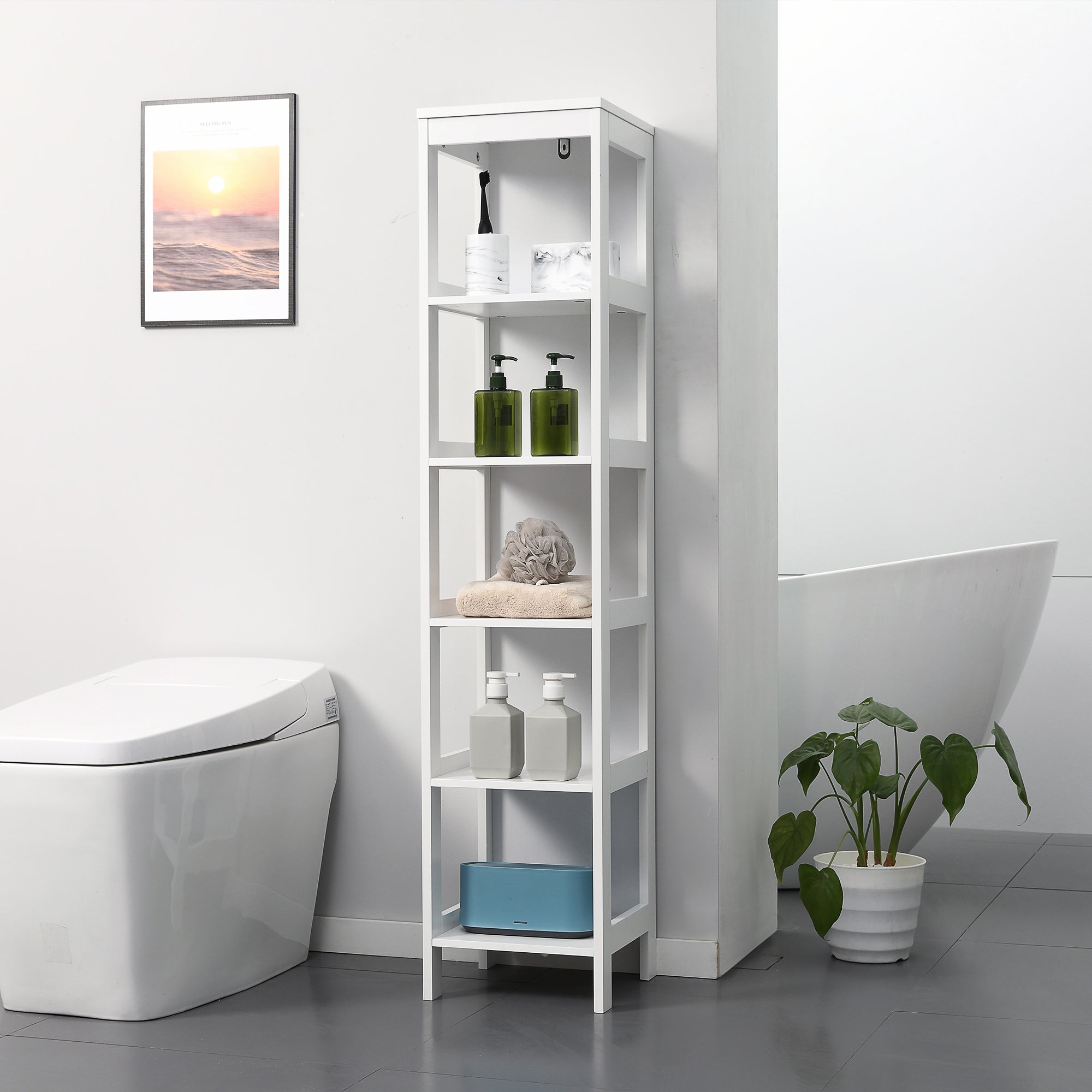 5-Tier Bathroom Floor Shelf Storage Stand for Kitchen Living Room Bedroom Modern Style Anti-Tip 30 kg Capacity 30x30x140 cm White