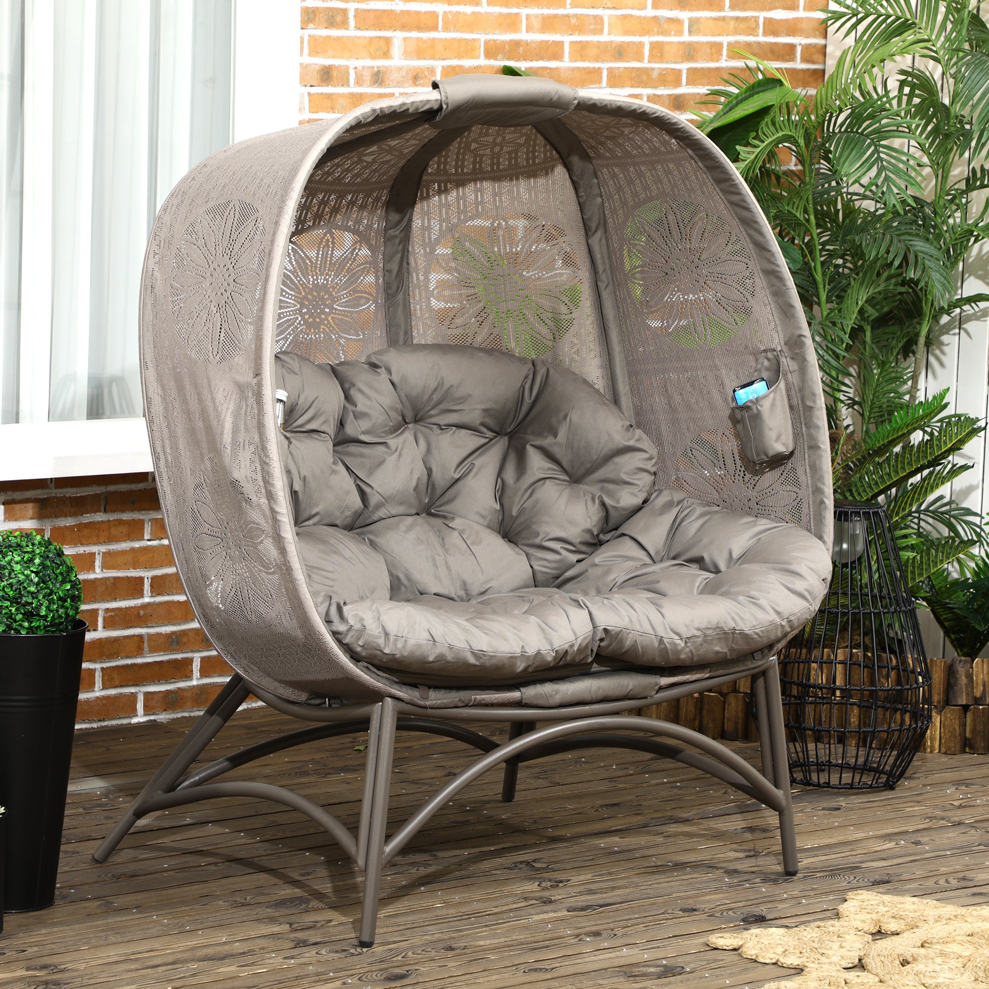 2-Seater Garden Chair, Basket Chair with Foldable Basket, Papa Chair with Cushion, Lounge Chair up to 240kg Load Capacity for Balcony, Terrace, 126 x 75 x 142 cm, Sand