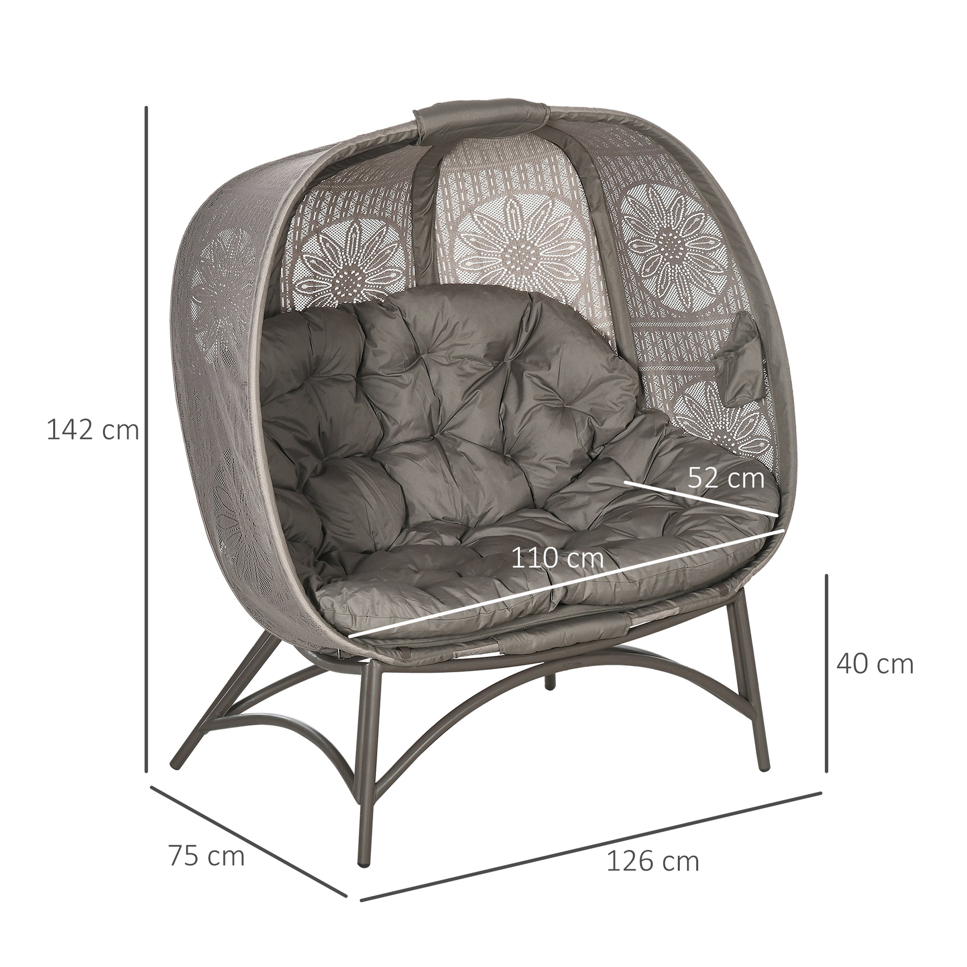 2-Seater Garden Chair, Basket Chair with Foldable Basket, Papa Chair with Cushion, Lounge Chair up to 240kg Load Capacity for Balcony, Terrace, 126 x 75 x 142 cm, Sand