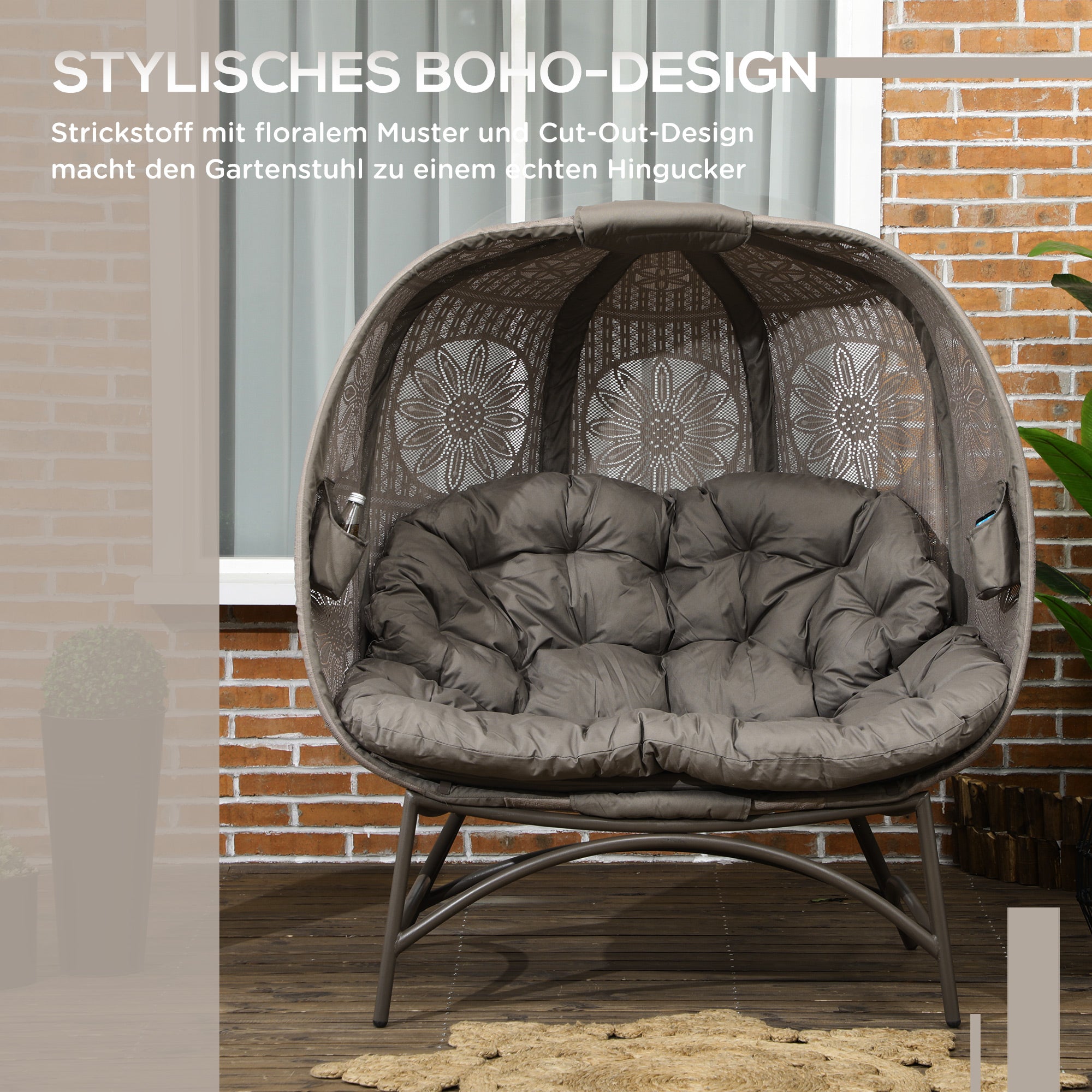 2-Seater Garden Chair, Basket Chair with Foldable Basket, Papa Chair with Cushion, Lounge Chair up to 240kg Load Capacity for Balcony, Terrace, 126 x 75 x 142 cm, Sand