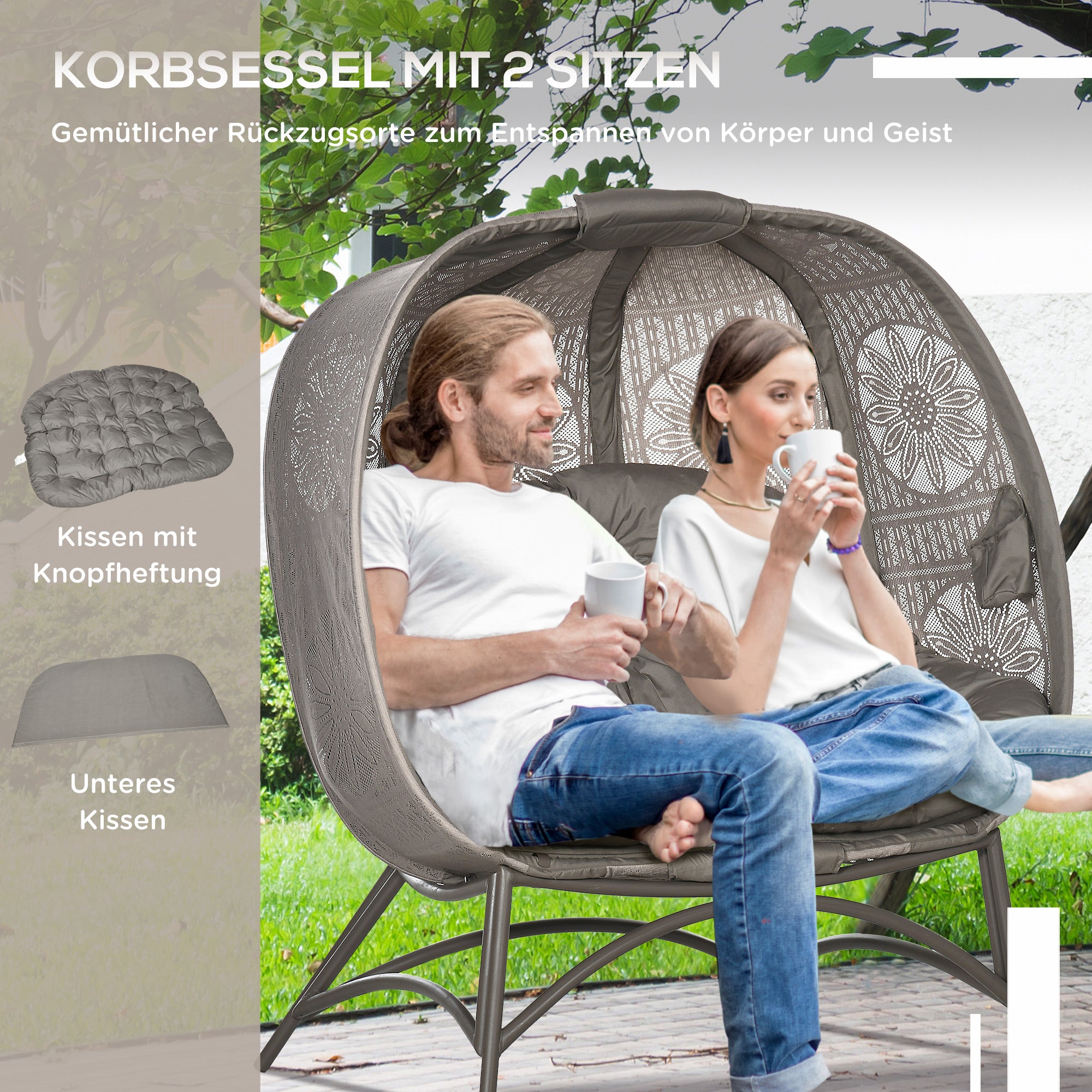 2-Seater Garden Chair, Basket Chair with Foldable Basket, Papa Chair with Cushion, Lounge Chair up to 240kg Load Capacity for Balcony, Terrace, 126 x 75 x 142 cm, Sand