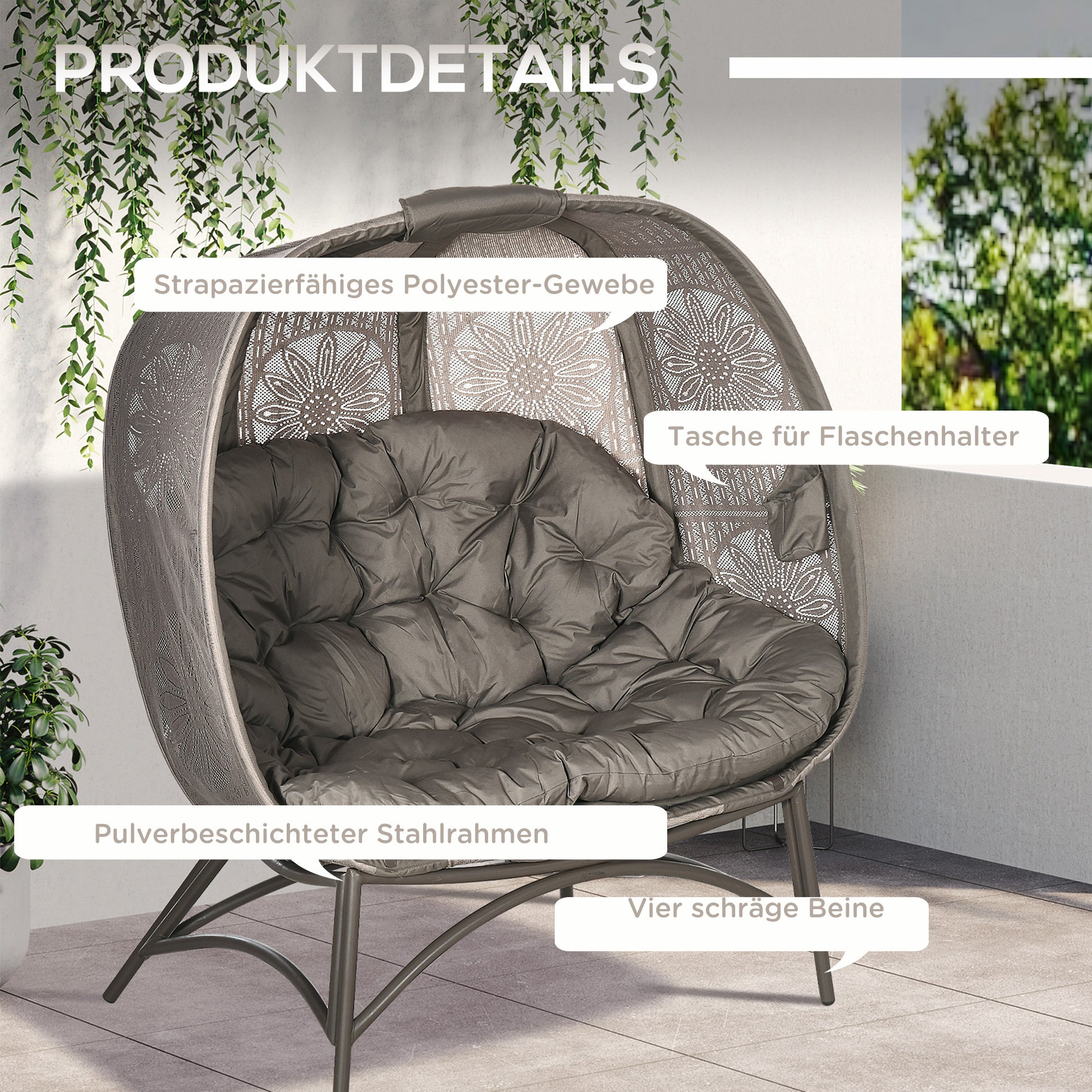 2-Seater Garden Chair, Basket Chair with Foldable Basket, Papa Chair with Cushion, Lounge Chair up to 240kg Load Capacity for Balcony, Terrace, 126 x 75 x 142 cm, Sand
