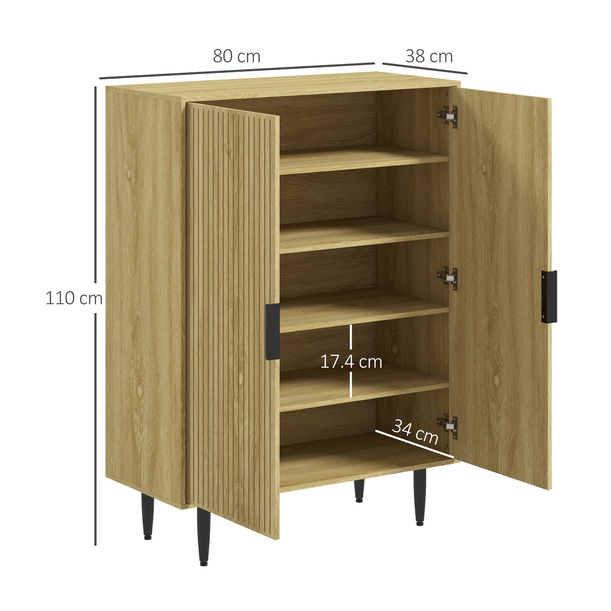 Space-Saving Shoe Rack for 15 Pairs of Shoes, Entryway Shoe Rack with 4 Adjustable Shelves and Metal Legs, 80x38x110cm, Oak