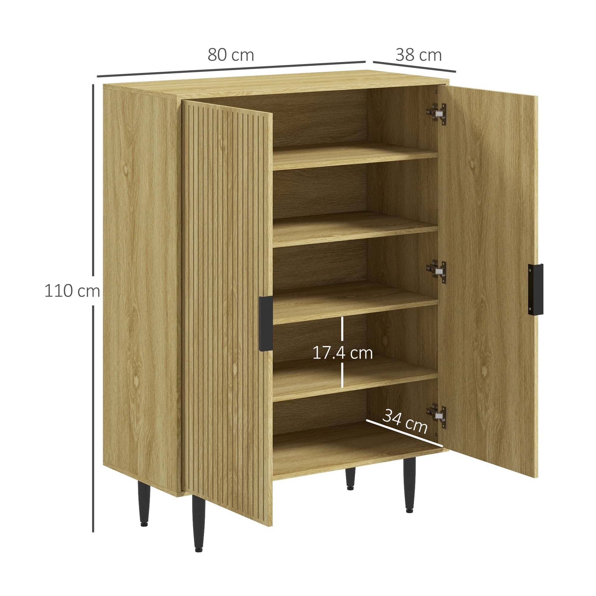Space-Saving Shoe Rack for 15 Pairs of Shoes, Entryway Shoe Rack with 4 Adjustable Shelves and Metal Legs, 80x38x110cm, Oak