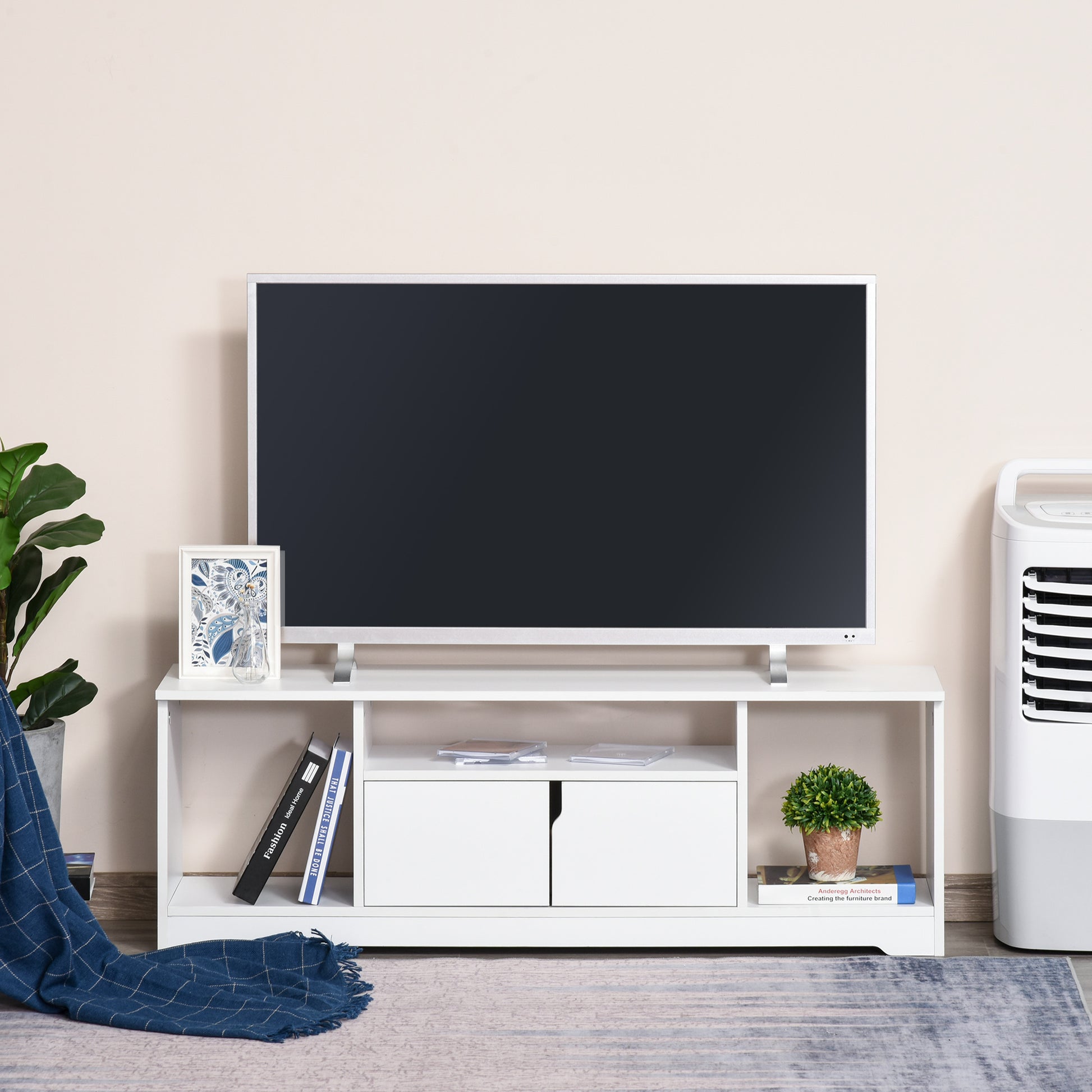 TV Stand for TVs up to 42" Modern TV Stand with Double Door Cabinet and 3 Open Compartments 120x30x41cm White