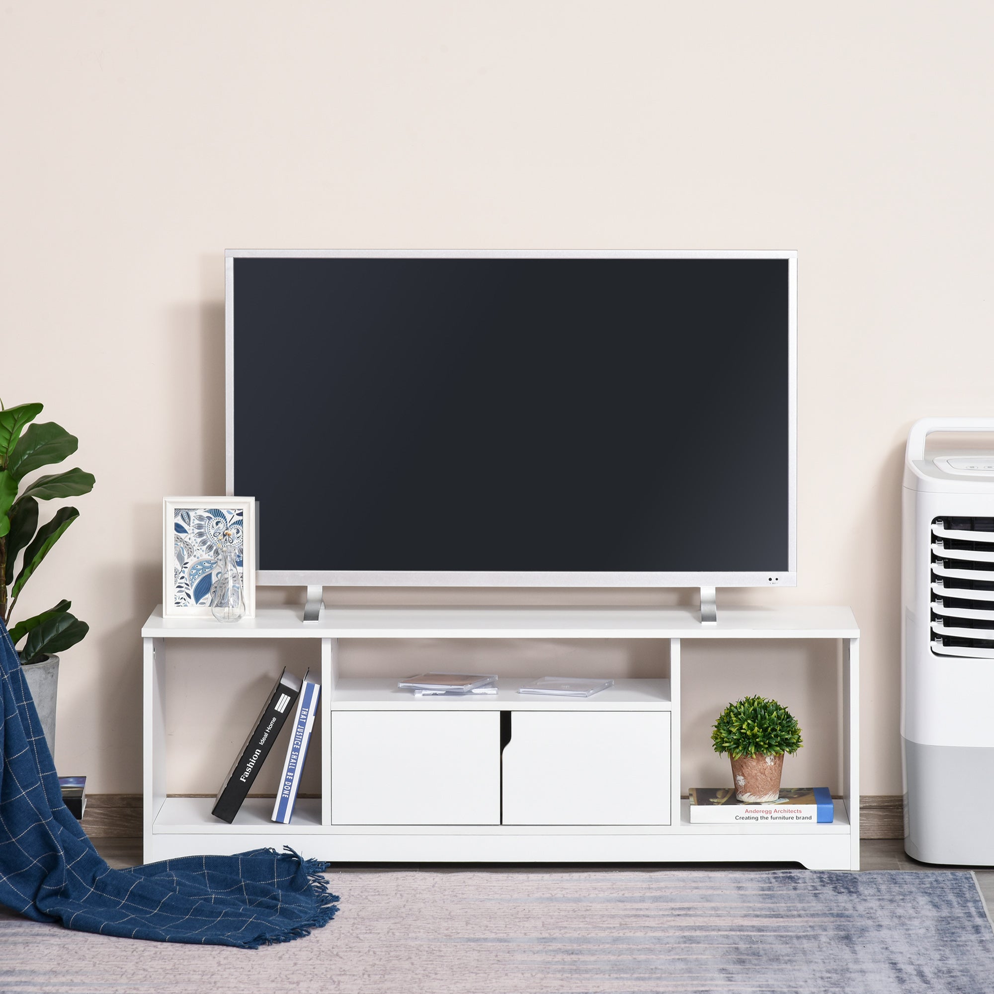 TV Stand for TVs up to 42" Modern TV Stand with Double Door Cabinet and 3 Open Compartments 120x30x41cm White
