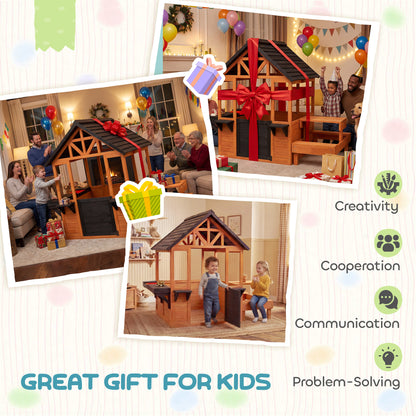 Wooden Outdoor Playhouse for Kids — Table, Benches, Sink, Door, Window & Flower Boxes, Brown, 166.3 x 112.5 x 139.7 cm (65.5 x 44.3 x 55.0 in)